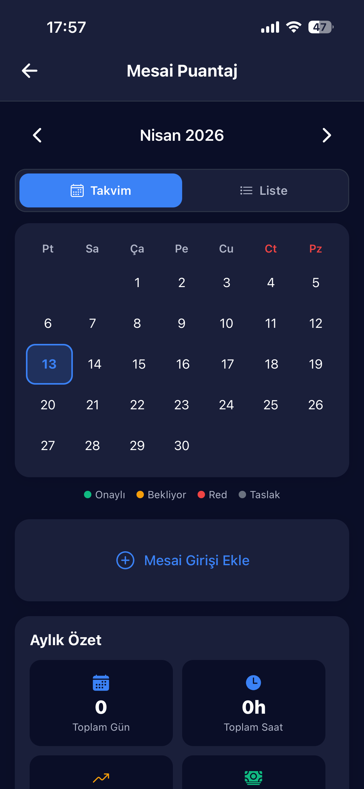 Mesai puantaj giriş